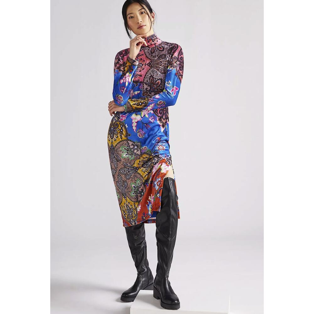 NWT Anthropologie Floral Paisley High Neck Velvet Midi Dress - Size XS